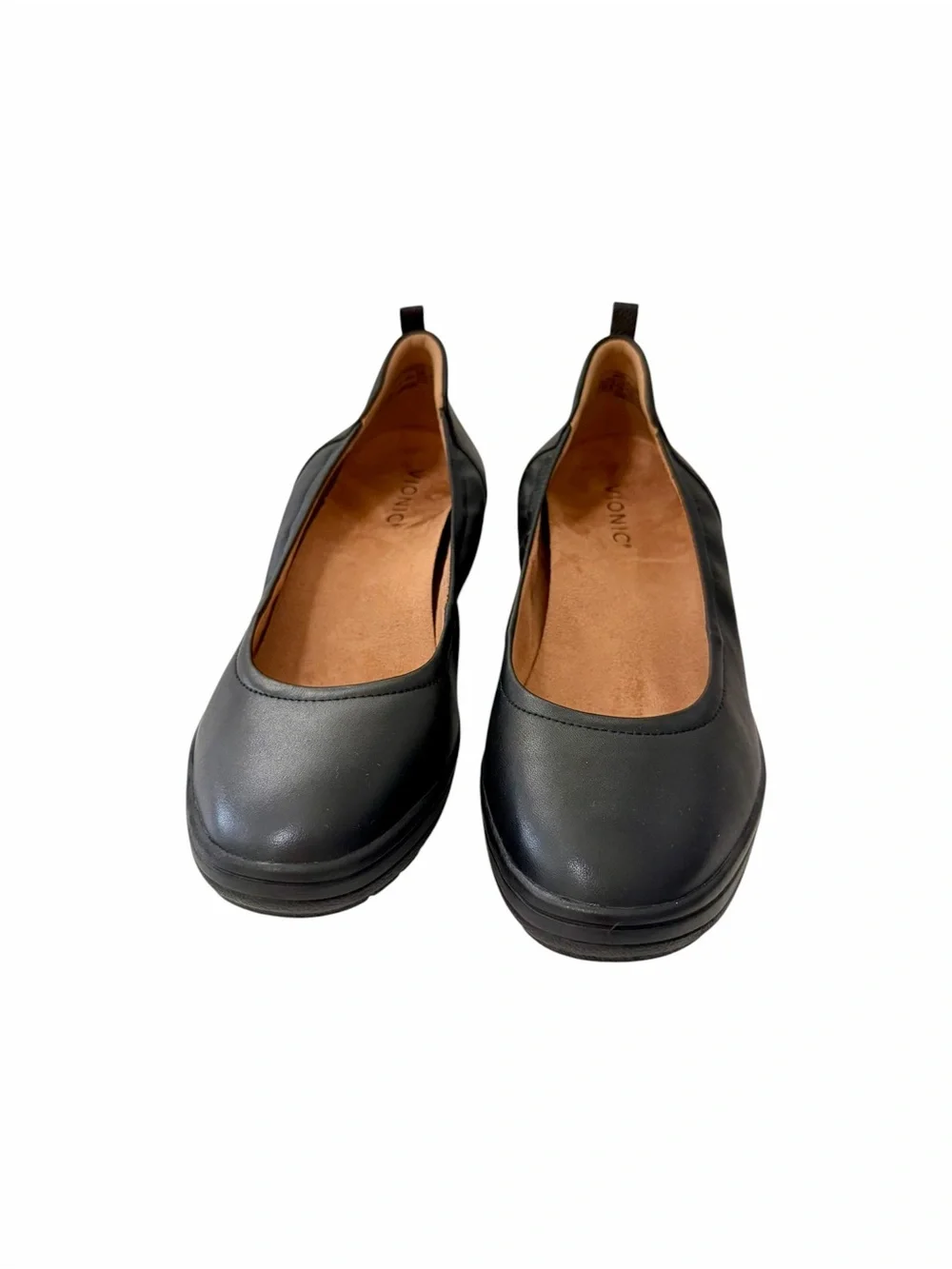 Vionic Jacey Black Leather Wedge Shoes Size 10 Slip-on Arch Support Ballet-flat